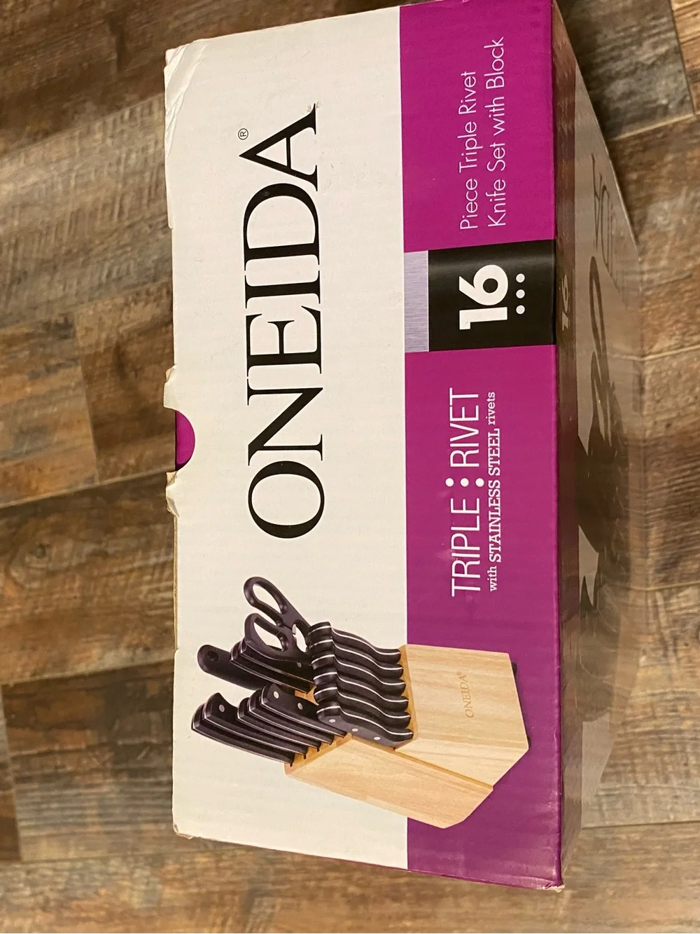 Oneida Knife Set with Black Handles and Wood Block